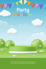 3D Vector kid party product display cylinder stand podium banner. Colorful flag, green grass garden with blue background for baby clothes toy store, online shop, birthday, fashion sale promotion post