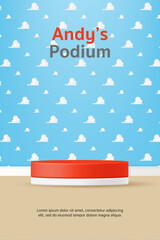 3D Vector kid toy display geometric stand podium banner, White Clouds on Blue Sky Background with wood floor for baby store, online shop, movie poster, story, sales promotion, social media, web, post