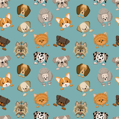 Naklejka premium Different breed dog faces seamless pattern. Dog cute flat background