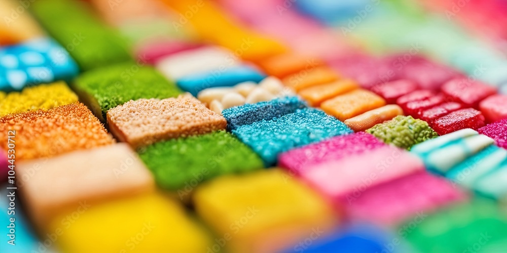 Poster a colorful assortment of candy pieces are arranged in a grid