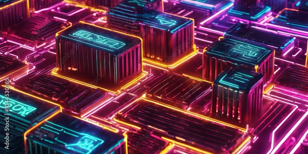 Poster a neon colored image of a cityscape with many different colored boxes