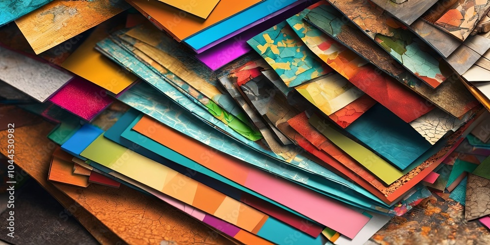 Poster A pile of colorful paper with a variety of colors and patterns