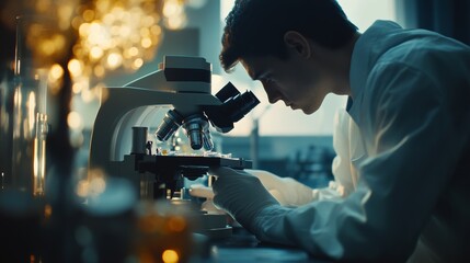 Ongoing biological science experiments in which researchers observe cells under a microscope, focusing on the study of biological science and discovery.