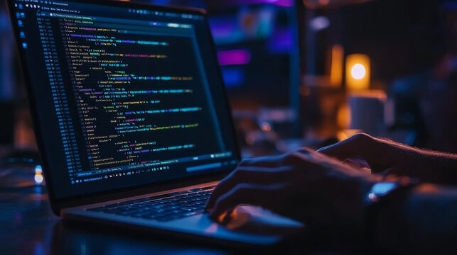 Someone is coding on a laptop. This image shows the work of software developers and is great for representing anything related to technology, like websites or computer programs.