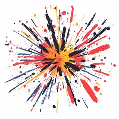 Abstract paint splatter with red, blue, yellow, and black colors in a starburst pattern on a white background.
