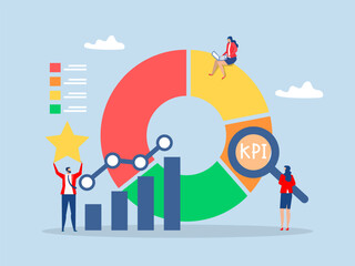 Naklejka premium Benchmark performance or KPI key performance indicator growth or KPI measurement result, businessman magnify benchmark metric graph scale.