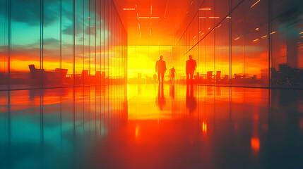Fototapeta premium Silhouettes of People Walking in Glass Corridor with Orange Sunset Reflection - Digital Illustration