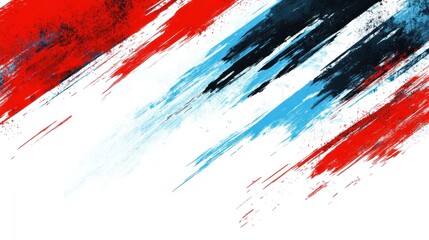 Abstract design featuring bold brush strokes in red, blue, and black on a white background.