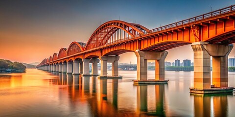 Seongsu Bridge with reddish orange trestles over Han River in minimalist style