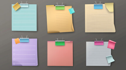 A collection of realistic note papers in different colors, complete with pins and tape. These papers are designed to be placed on a transparent background.