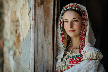 Portrait of a Croatian woman in traditional folk dress, Croatia