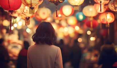 Obraz premium Back view image of young Asian woman in a beige coat walks down the street many colorful lanterns hanging above a bustling market during a Chinese New Year celebration. CNY Market Festival. 