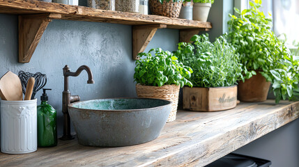 Fototapeta premium Rustic kitchen scene with fresh herbs and vintage washbasin on wooden countertop