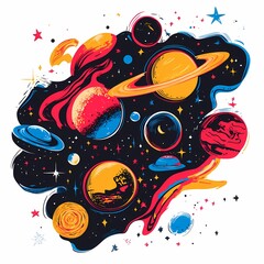 Colorful illustration of a nebula with planets and stars.