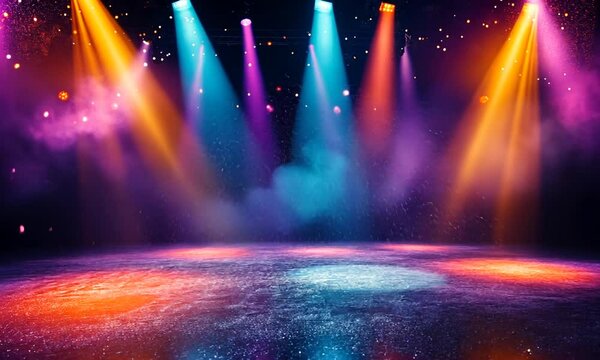 A vibrant stage with colorful lights and a misty atmosphere, ideal for performances.
