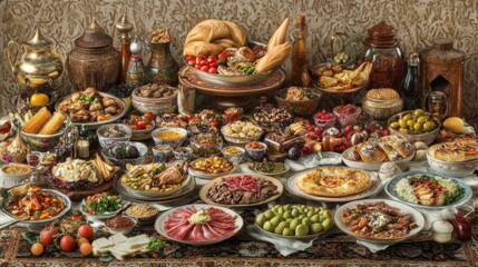 Fototapeta premium Eastern Breakfast Foods in Seasonal Colors and Artistic Setting