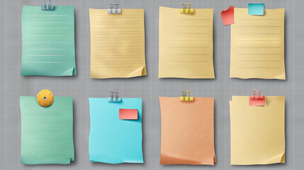 A collection of realistic note papers in different colors, complete with pins and tape. These papers are designed to be placed on a transparent background.
