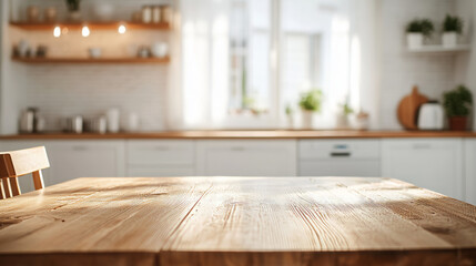 A warm wooden table sits in a bright, modern kitchen. The background is a soft blur of white, with twinkling lights. This image is perfect for showcasing your dining items or creating a cozy scene.