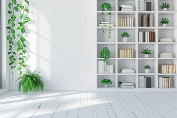 White bookcase with plants and folders over white wall  empty space