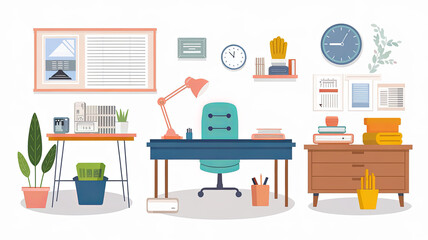 Fototapeta premium minimalistic office scene featuring desk, chair, plants, and various office supplies. design is bright and organized, creating productive atmosphere