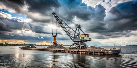 Fototapeta premium Ship crane loading coal on floating platform in Northern Dvina, cloudy sky