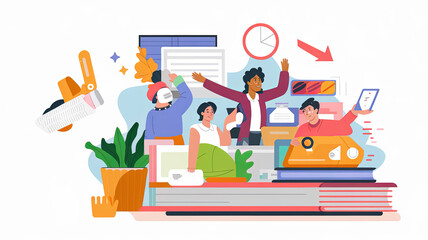 Creative teamwork in office setting with diverse individuals collaborating, surrounded by stationery and plants, showcasing vibrant work environment