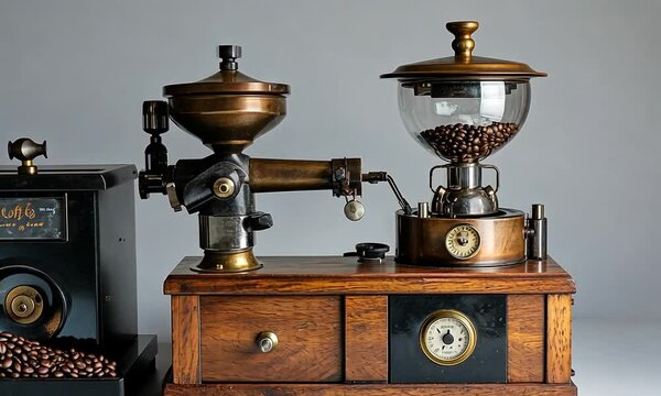 A vintage coffee grinder setup showcasing intricate designs and functionality.