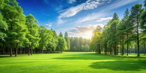 Fototapeta premium Serene landscape of lush green grass and tall trees