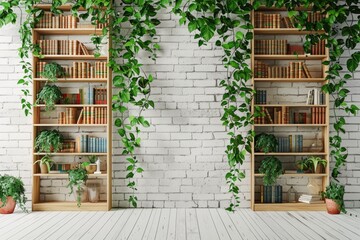 Bookshelf with evergreen plants over white brick wall with free space