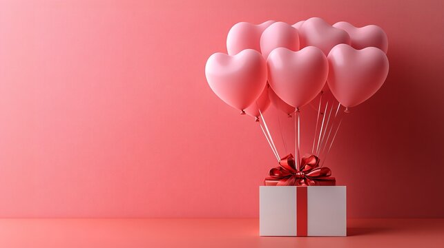 Red gift box with pink heart balloons with blank card ,Happy valentine day concept, copy space side - Powered by Adobe