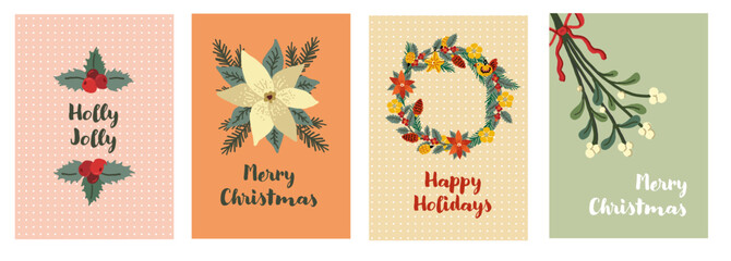 Merry Christmas Postcards. Set of Happy Holidays greeting cards. Hand drawn illustration of Illustration of pine branches, holly and poinsettia.
