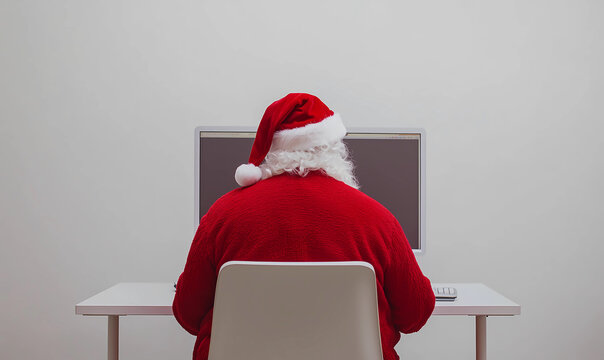 The back view of Santa Claus sits in front of a computer with a white wall background. Christmas shopping online, fulling gift orders for Christmas holiday, advertising for winter holiday