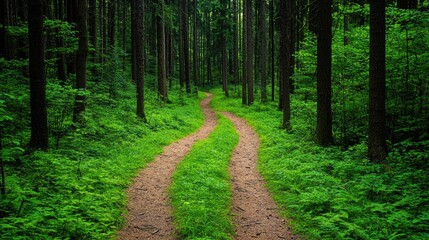Fototapeta premium A serene forest path winds through lush greenery, inviting exploration and connecting nature with tranquility.