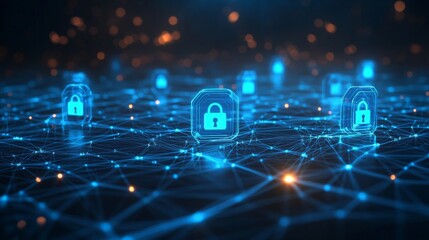 Obraz premium 3D rendering of a blue digital network with glowing padlock icons on a dark background, an AI and security concept design