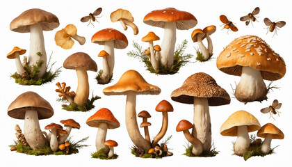 Wild mushrooms collection background. 