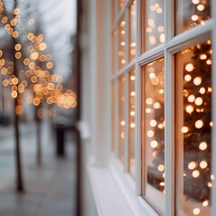 A cozy street scene featuring a window adorned with twinkling lights, creating a warm, inviting atmosphere during the festive season.