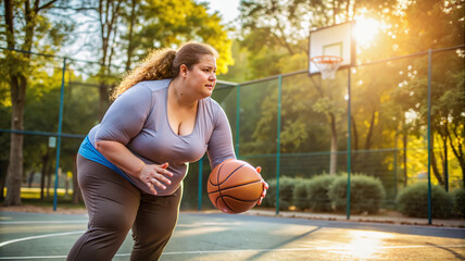 Fototapeta premium Plus-sized woman playing basketball outdoors at sunset.