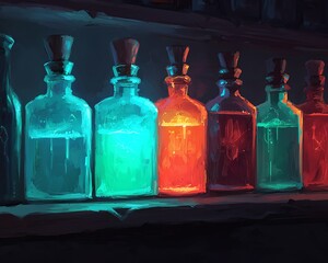 Colorful glass bottles filled with glowing liquids are displayed on a shelf, creating a mystical and enchanting atmosphere.