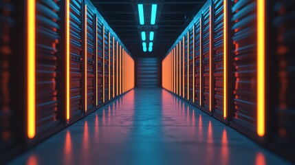 A futuristic data center corridor illuminated by vibrant blue and orange lights, showcasing rows of servers along the walls.