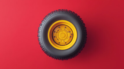 A vibrant yellow tire on a red background, showcasing its details and texture. Ideal for themes related to vehicles and transportation.