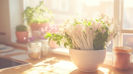 Cozy Kitchen with Soft Light and Artistic Arrangement