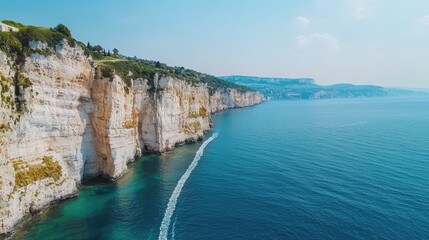 A stunning coastal view featuring cliffs overlooking a clear blue sea, with gentle waves lapping against the rocky shoreline under a bright sky.
