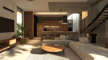 A living room with a generously sized rug covering the floor, adding warmth and style to the space, , Minimalist Japanese Living Room with Wooden Features.