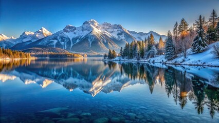 Obraz premium Serene winter morning at a mountain lake with snow capped peaks reflection