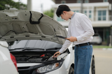 Car Inspection: A focused young man inspects a white car's engine compartment, clipboard in hand, showcasing meticulous attention to detail and expertise.  