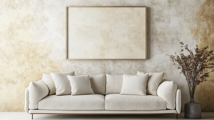 Modern minimalist living room featuring clean-lined furniture for your background business, A minimalist modern living room with simple furnishings, including a sectional sofa,