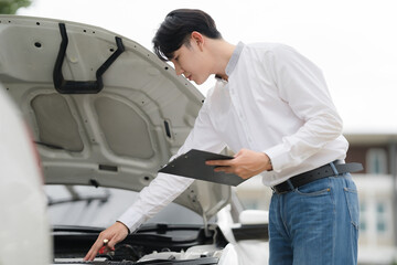 Car Inspection: A focused young man inspects a car engine, clipboard in hand, demonstrating...