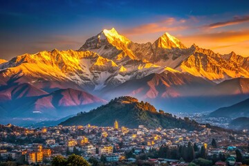 Serenity sunrise over snowcapped Himalayas and Kathmandu below from Wakebem Mountain Range © JKLoma
