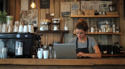 Barista Working on Laptop in a Cozy Coffee Shop