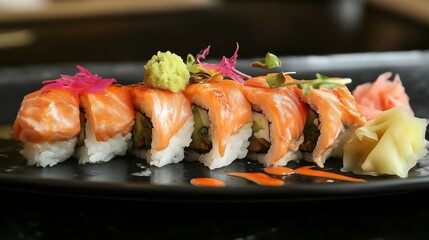 Close-Up of Delicious Salmon Sushi Rolls on a Plate